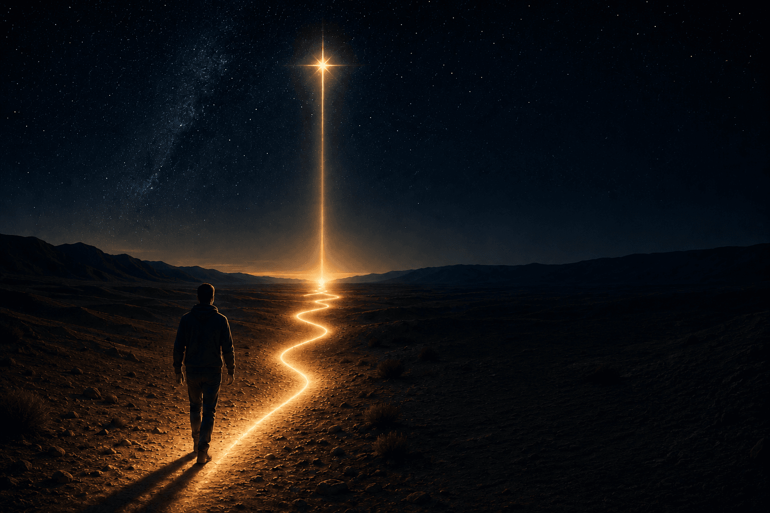 A figure walks a lit path toward a rising star under the night sky